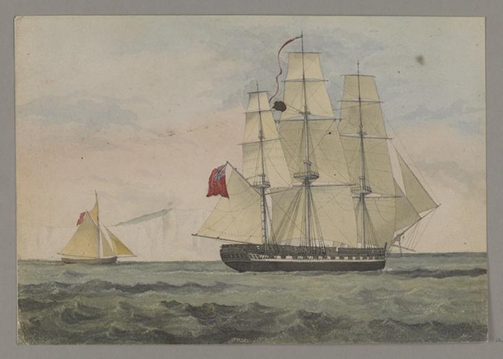 Watercolour drawing of the experimental frigate Vernon, by Godfrey Thomas Vigne, 1834. WD3110, f 1a